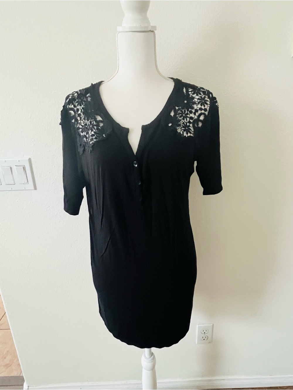 Black Lace-Shoulder Henley Top - Women